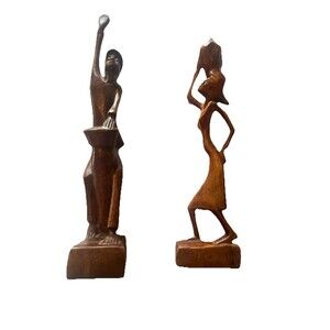 Lot Of 2 Hand Carved Wooden African Wood Sculpture 11” & 9 1/2” Tall